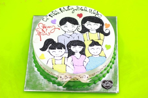 Bánh sinh nhật vẽ chân dung gia đình 5 người